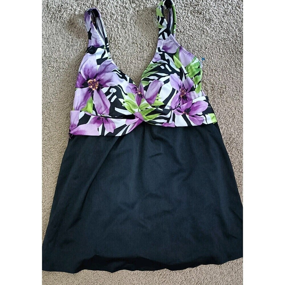 Longitude One Piece Skirted Swimsuit Size 12 Floral  Black Swim Skirt